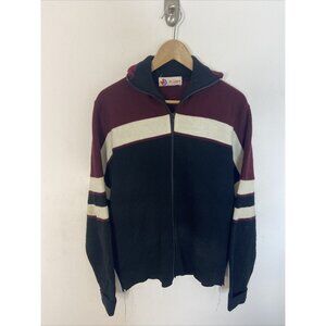 Vintage All Canada Men L Acrylic Curling Sweater Knit Zip Up Striped Cardigan